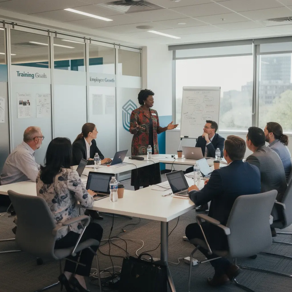 Sala konferencyjna z dużym stołem i eleganckimi krzesłami, oświetlona naturalnym światłem.