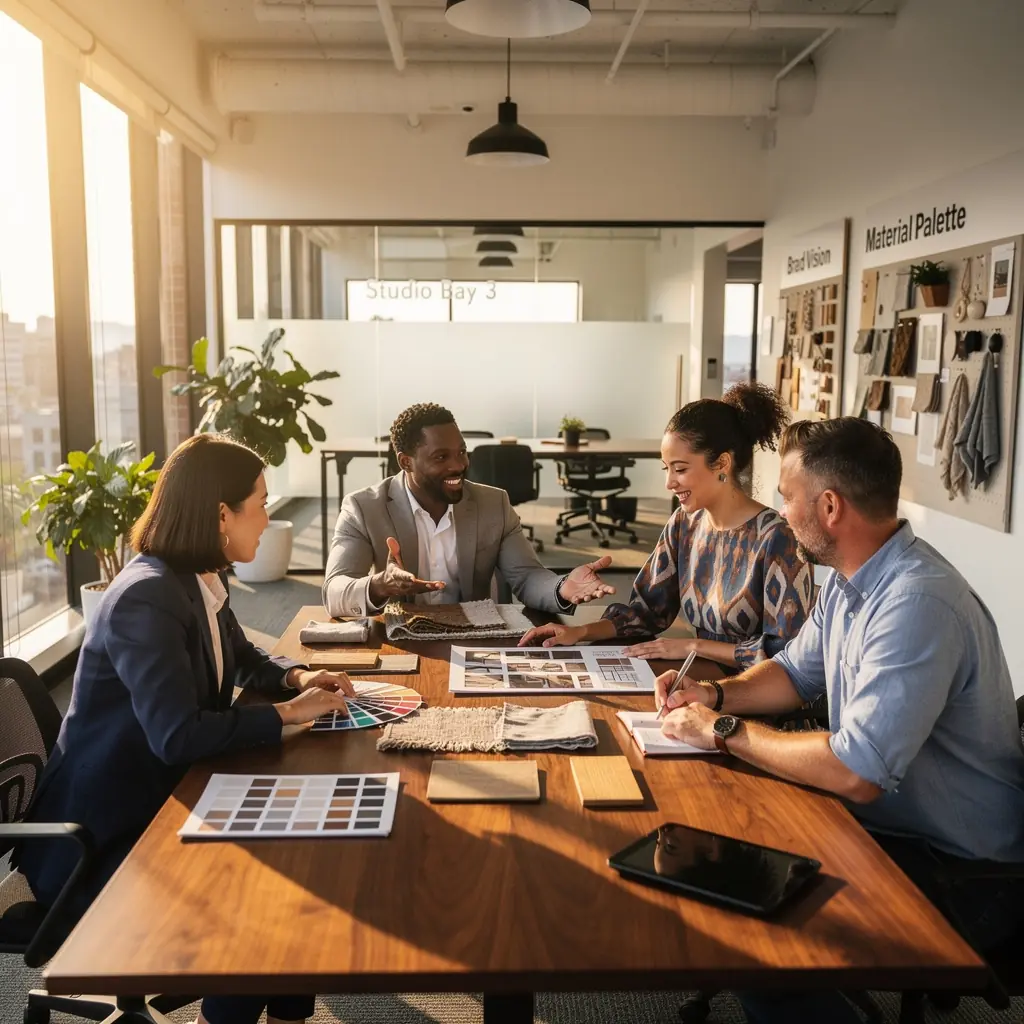 Stylowe biuro z strefą relaksu, wykorzystujące różnorodne tekstury i kolory.