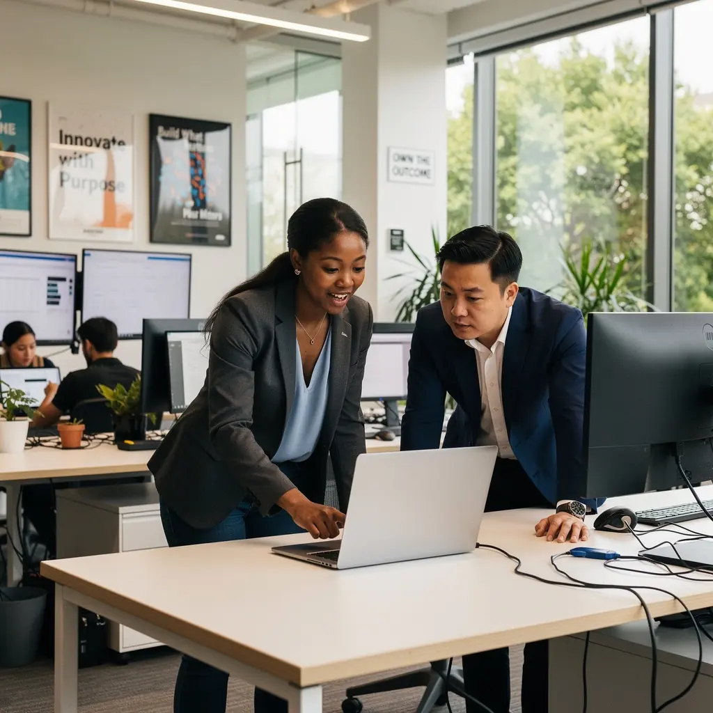 Nowoczesne biuro z przestronnymi stanowiskami pracy i stylowymi meblami.